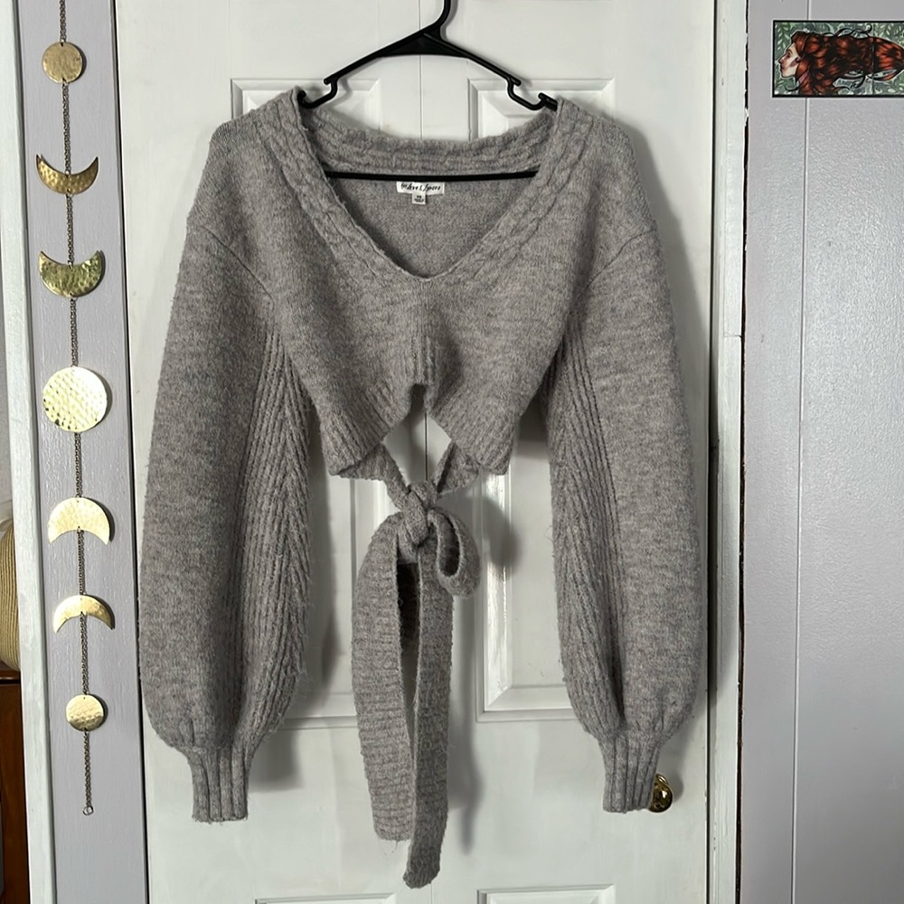 For Love And Lemons Gray V-Neck Sweater with Tie Detail